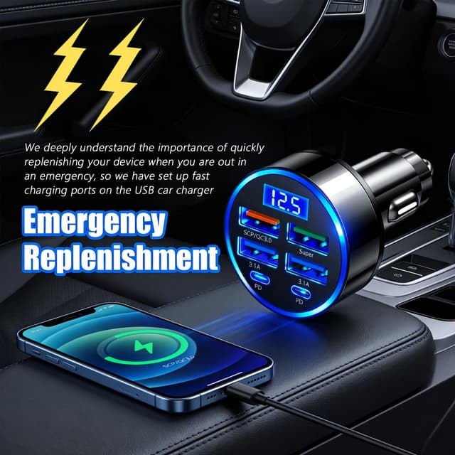 6 Ports Car Cigarette Lighter Adapter with LED Voltage Display and Fast Charging